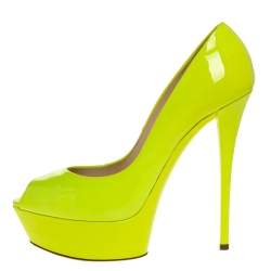 Casadei Lime Green Patent Leather Daisy Peep Toe Platform Pumps Size 39