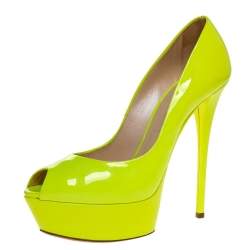 Casadei Lime Green Patent Leather Daisy Peep Toe Platform Pumps Size 39