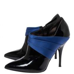 Casadei Black/Blue Pleated Satin and Patent Leather Ankle Booties Size 35