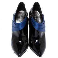 Casadei Black/Blue Pleated Satin and Patent Leather Ankle Booties Size 35
