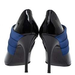 Casadei Black/Blue Pleated Satin and Patent Leather Ankle Booties Size 35