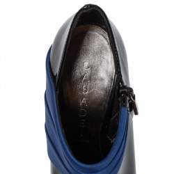 Casadei Black/Blue Pleated Satin and Patent Leather Ankle Booties Size 35