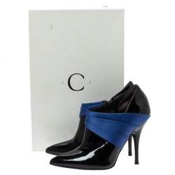 Casadei Black/Blue Pleated Satin and Patent Leather Ankle Booties Size 35