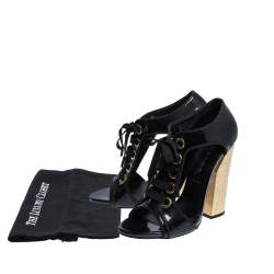 Pre Owned Casadei Black Cut Out Patent Vinyl Wooden Heel Booties Size 38