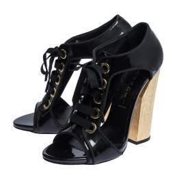 Pre Owned Casadei Black Cut Out Patent Vinyl Wooden Heel Booties Size 38