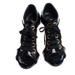 Pre Owned Casadei Black Cut Out Patent Vinyl Wooden Heel Booties Size 38