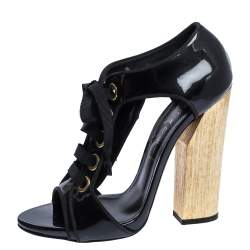 Pre Owned Casadei Black Cut Out Patent Vinyl Wooden Heel Booties Size 38