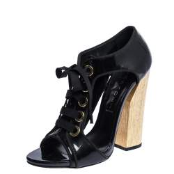 Pre Owned Casadei Black Cut Out Patent Vinyl Wooden Heel Booties Size 38