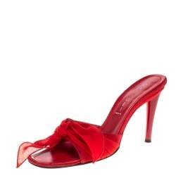 Pre Owned Casadei Red Suede And Chiffon Fabric Knot Detail Slide Sandals Size 38.5