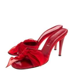 Pre Owned Casadei Red Suede And Chiffon Fabric Knot Detail Slide Sandals Size 38.5