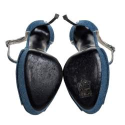 Pre Owned Casadei Blue Denim Peep Toe Ankle Strap Platform Blade Heel Sandals Size 37