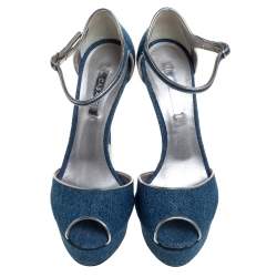 Casadei Blue Denim Peep Toe Ankle Strap Platform Blade Heel Sandals Size 37