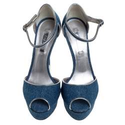 Pre Owned Casadei Blue Denim Peep Toe Ankle Strap Platform Blade Heel Sandals Size 37