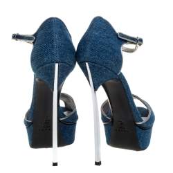 Casadei Blue Denim Peep Toe Ankle Strap Platform Blade Heel Sandals Size 37