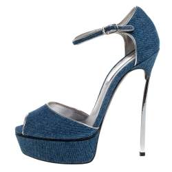 Pre Owned Casadei Blue Denim Peep Toe Ankle Strap Platform Blade Heel Sandals Size 37