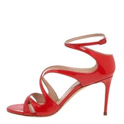 Pre Owned Casadei Dark Orange Patent Leather Tiffany Ankle Strap Sandals Size 35