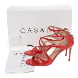 Pre Owned Casadei Dark Orange Patent Leather Tiffany Ankle Strap Sandals Size 35