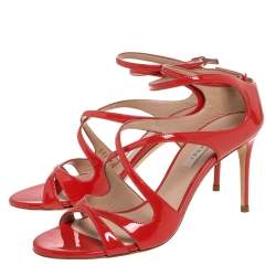 Pre Owned Casadei Dark Orange Patent Leather Tiffany Ankle Strap Sandals Size 35