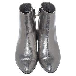 Pre Owned Casadei Metallic Grey Textured Leather Ankle Boots Size 35