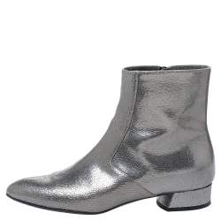 Pre Owned Casadei Metallic Grey Textured Leather Ankle Boots Size 35