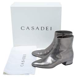 Pre Owned Casadei Metallic Grey Textured Leather Ankle Boots Size 35
