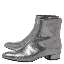 Pre Owned Casadei Metallic Grey Textured Leather Ankle Boots Size 35