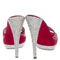 Pre Owned Casadei Red Suede Crystal Embellished Open Toe Platform Slide Sandals Size 39