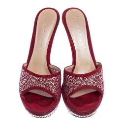 Pre Owned Casadei Red Suede Crystal Embellished Open Toe Platform Slide Sandals Size 39