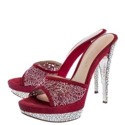 Pre Owned Casadei Red Suede Crystal Embellished Open Toe Platform Slide Sandals Size 39