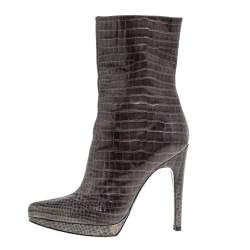 Pre Owned Casadei Green Croc Embossed Patent Leather Platform Mid Calf Booties Size 36