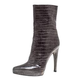 Pre Owned Casadei Green Croc Embossed Patent Leather Platform Mid Calf Booties Size 36