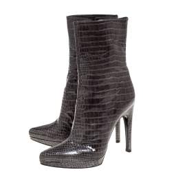 Pre Owned Casadei Green Croc Embossed Patent Leather Platform Mid Calf Booties Size 36