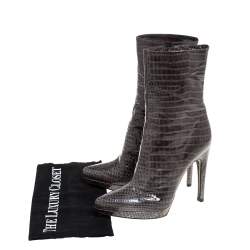 Pre Owned Casadei Green Croc Embossed Patent Leather Platform Mid Calf Booties Size 36