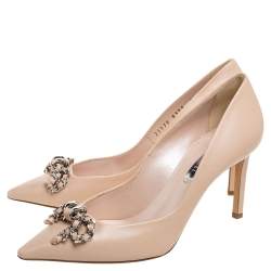 Pre Owned Casadei Beige Leather Chain Bow Pointed Toe Pumps Size 36