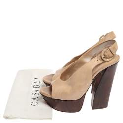 Pre Owned Casadei Beige Leather Platform Peep Toe Slingback Sandals Size 35