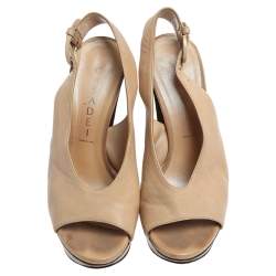 Pre Owned Casadei Beige Leather Platform Peep Toe Slingback Sandals Size 35