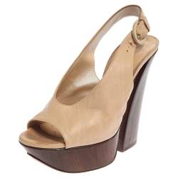 Pre Owned Casadei Beige Leather Platform Peep Toe Slingback Sandals Size 35