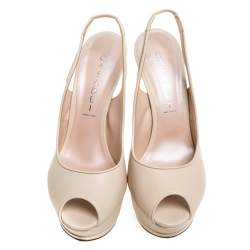 Casadei Cream Leather Platform Slingback Peep Toe Sandals Size 38