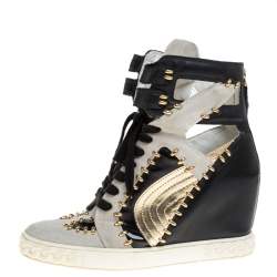 Casadei Tricolor Suede And Leather Studded High Top Wedge Sneakers Size 39 