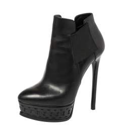 Pre Owned Casadei Black Leather Chain Effect Platform Ankle Boots Size 36