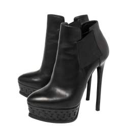 Pre Owned Casadei Black Leather Chain Effect Platform Ankle Boots Size 36