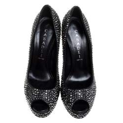 Casadei Black Leather Swarovski Crystal Embellished Peep Toe Pumps Size 37