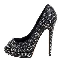 Casadei Black Leather Swarovski Crystal Embellished Peep Toe Pumps Size 37