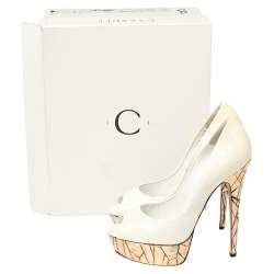 Casadei White Patent Leather Mosaic Mirror Heel Peep Toe Platform Pumps Size 39