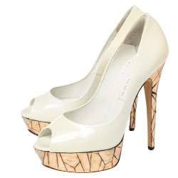 Casadei White Patent Leather Mosaic Mirror Heel Peep Toe Platform Pumps Size 39