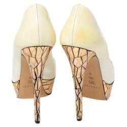 Casadei White Patent Leather Mosaic Mirror Heel Peep Toe Platform Pumps Size 39