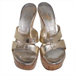 Pre Owned Casadei Metallic Python Embossed Leather Wedge Sandals Size 39