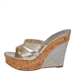 Pre Owned Casadei Metallic Python Embossed Leather Wedge Sandals Size 39