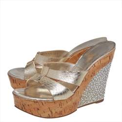 Pre Owned Casadei Metallic Python Embossed Leather Wedge Sandals Size 39