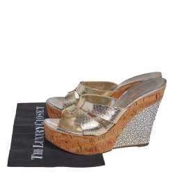 Pre Owned Casadei Metallic Python Embossed Leather Wedge Sandals Size 39